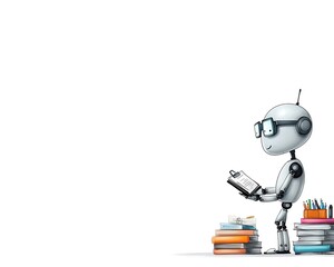 Naklejka premium Cute Robot Reading Among Stacked Books and Notebooks