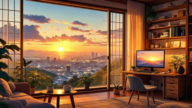 Hand-Drawn Lo-Fi Animated Background | Cozy Sunset Room for Streaming & Vtubers