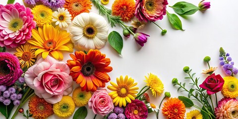 Floral Flat Lay, Creative Flower Arrangement, White Background, Copy Space