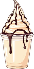 Delicious soft serve ice cream dripping with chocolate sauce in a cup