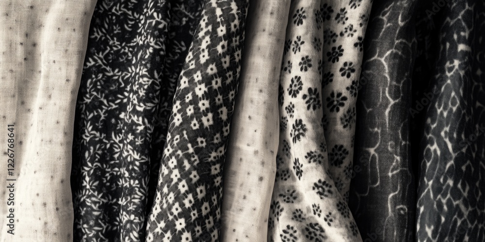 Poster a row of black and white patterned clothes. the clothes are arranged in a row and are of different s