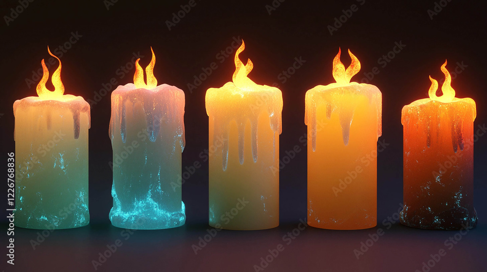 Poster five tall candles with flames, arranged in a row on a dark background. candles have a slightly textu