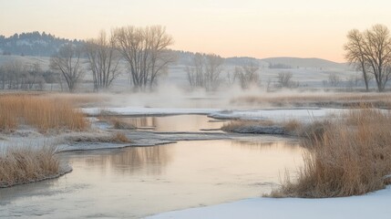 Frosty river sunrise, winter mist, plains landscape, scenic background, nature print