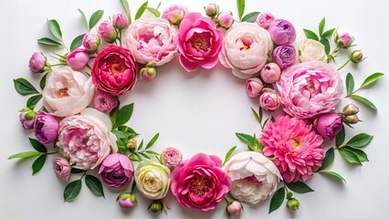 Floral Round Frame, Roses, Peonies, Leaves, High Depth of Field