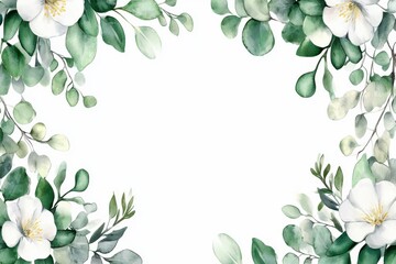 Fototapeta premium Floral border featuring exquisite watercolor greenery with white flowers and eucalyptus leaves, perfect for wedding invitations and elegant stationery designs