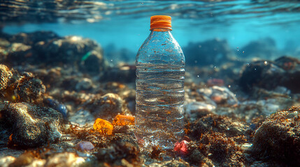 A plastic bottle with an orange cap lying on the ocean floor among rocks and algae. The problem of ocean pollution by plastic waste.