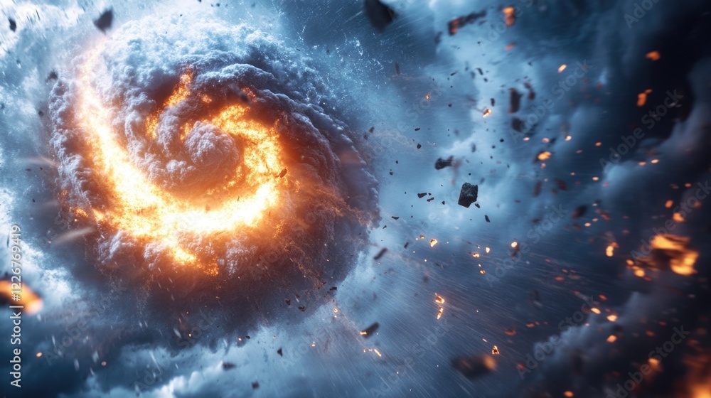 Poster a colorful spiral-shaped object explodes in the sky, sending fragments flying