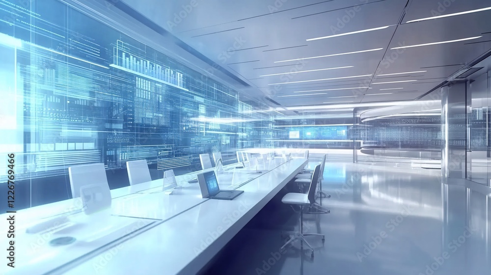 Poster futuristic conference room with digital data displays and advanced technology integration