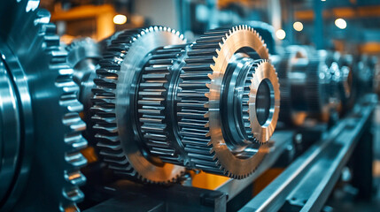 Fototapeta premium A complex system of metal gears arranged in a row. Gears of different sizes and shapes fit snugly together.