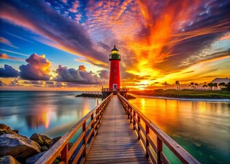 Florida Sunset Sail Ponce Inlet Lighthouse Jetty - Low Light AI Photo
