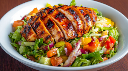 A white bowl filled with grilled chicken salad and fresh vegetables. The chicken is cut into strips and has a glossy, caramelized appearance. 
