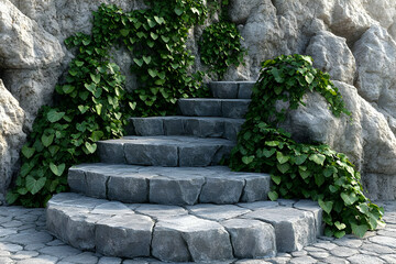Obraz premium Grey Stone Steps with Lush Green Ivy Growing on Rock Wall