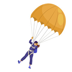 Female skydiver holding yellow parachute, wearing blue jumpsuit, isolated on white background. Concept of adventure and extreme sports. Vector illustration
