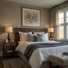 A stylish bedroom featuring a soft neutral color palette with classic framed artwork.