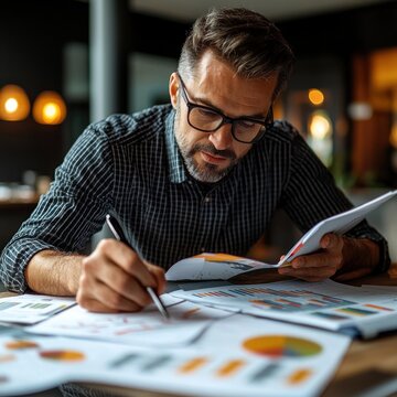 Focused Businessman Analyzing Data Reports in Modern Office Setting