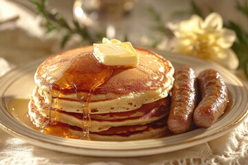 A stack of pancakes with butter and syrup on top, and two sausage links on the side. The plate is set on a table with a white cloth