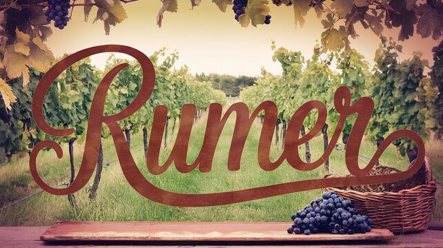 Cursive typography of name Rumer surrounded by vineyard scene with grapes
