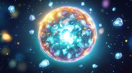 A spherical nebula with floating shards of glowing crystals orbiting it. 