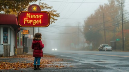 Girl, foggy street, autumn, roadside sign, waiting