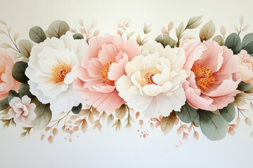  image of flowers, several peonies with eucalyptus leaves in intense white with a touch of beige. AI generative.