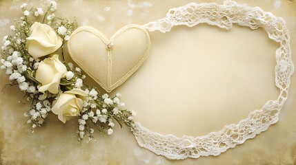 Romantic cream roses heart lace background design