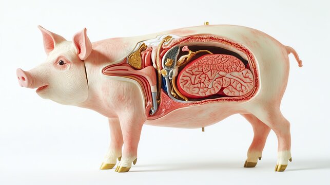 A pig internal anatomy model, displaying respiratory, circulatory, and digestive systems, used in veterinary science, isolated on white background