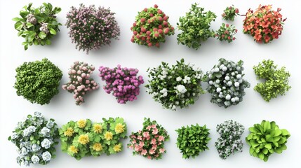 3d model of different types of flowers and shrubs, top view, white background, high resolution, no shadows, high detail, no text or images on the elements, hyper realistic, photorealistic