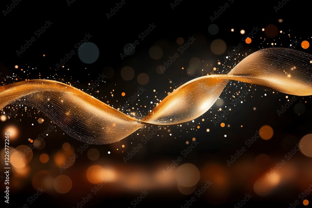 Poster abstract flowing waves with golden light particles and smooth bokeh effect on a dark background