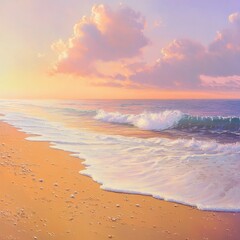 Fototapeta premium Sunset at the beach with gentle waves and colorful clouds reflecting on the water