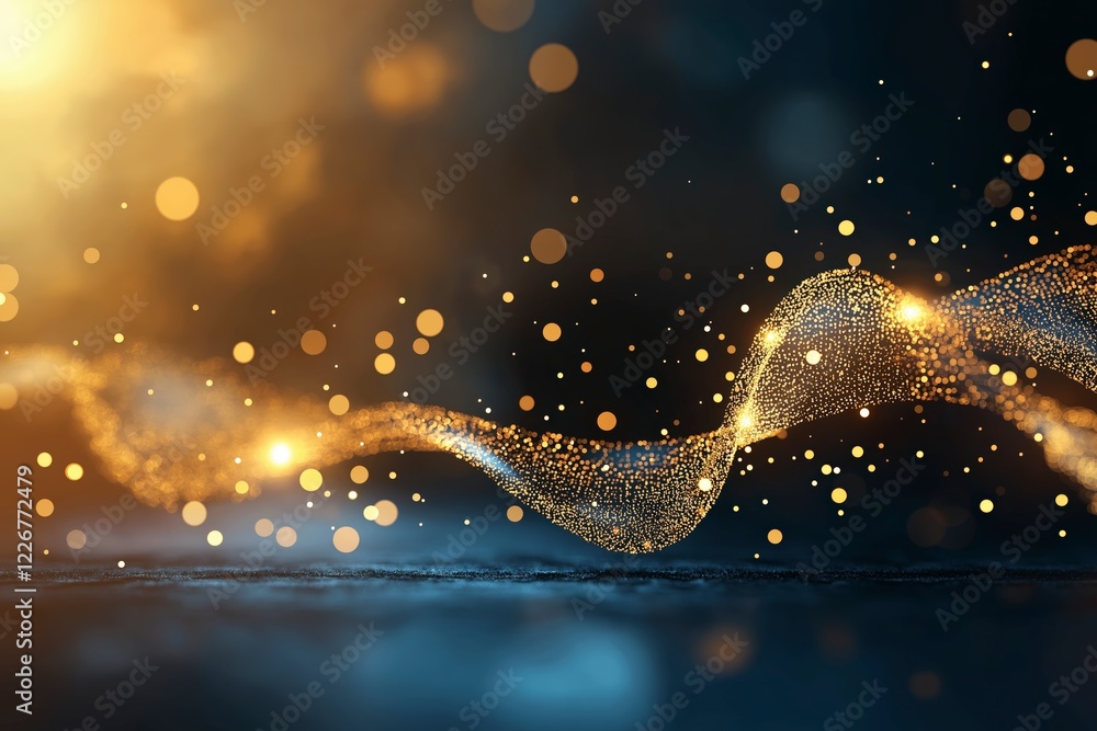 Poster shimmering gold particles flowing in a dreamy abstract background with soft bokeh effects and blue t