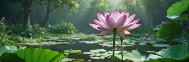 lush green surroundings with a blooming lotus flower, natural beauty, serene pond , lush greenery
