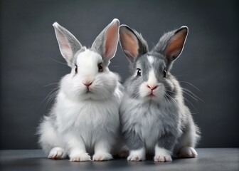 Obraz premium Fluffy Rabbits on White, Drone Shot, Gray Background, Studio Photography