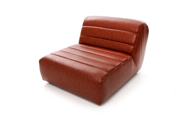 Modern brown leather lounge chair with a retro-inspired design, featuring a low-profile seat and horizontal stitching on a white background.
