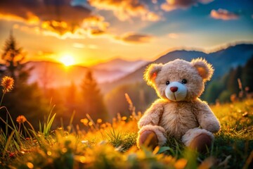 Fototapeta premium Fluffy Stuffed Animal Landscape Photography, Cozy Outdoor Scene, Playful Toy