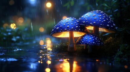 Glowing Blue Mushrooms Rain Forest Night