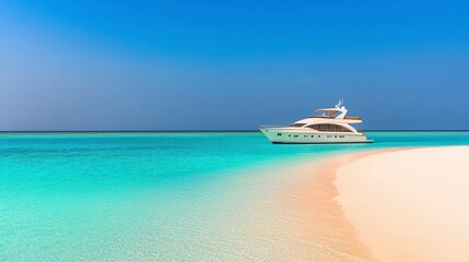 Obraz premium Luxury yacht anchored on serene beach with crystal clear water under bright blue sky during sunny day
