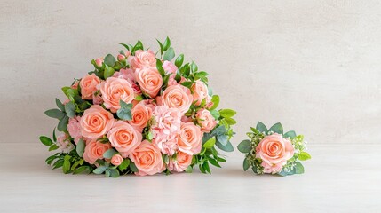 Peach roses bridal bouquet and boutonniere on table