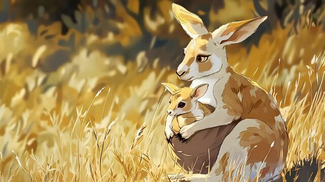 Cartoon baby kangeroo joey in pouch, cuddling with mother in sunny grassy field