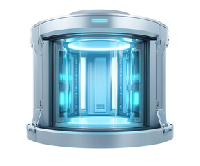 Futuristic teleportation chamber with glowing blue lights, depicting advanced technology in a sci-fi setting. Isolated on transparent white background, png	
