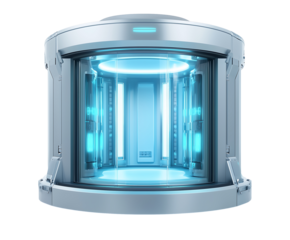 Futuristic teleportation chamber with glowing blue lights, depicting advanced technology in a sci-fi setting. Isolated on transparent white background, png	
