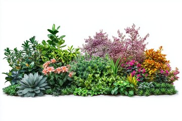 Cutout flower bedGarden design isolated on white background Flowering shrub and green plants for landscaping Decorative hedge High quality clipping mask