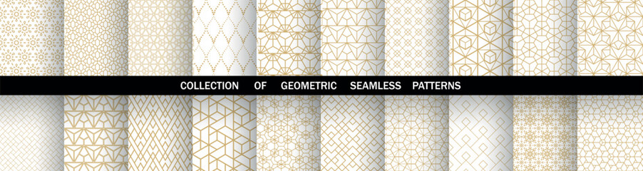 Geometric set of seamless golden and white patterns. Simple vector graphics.