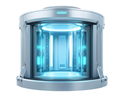 Futuristic teleportation chamber with glowing blue lights, depicting advanced technology in a sci-fi setting. Isolated on transparent white background, png	
