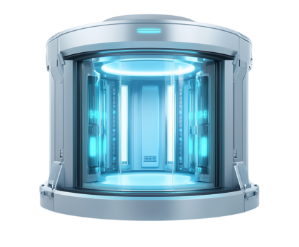 Futuristic teleportation chamber with glowing blue lights, depicting advanced technology in a sci-fi setting. Isolated on transparent white background, png	
