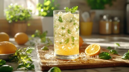 Refreshing iced lemonade with mint in a sunlit kitchen.