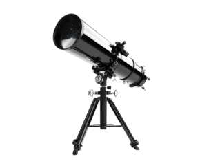 A sleek black telescope on a sturdy tripod, perfect for stargazing and exploring the night sky. Isolated on transparent white background, png