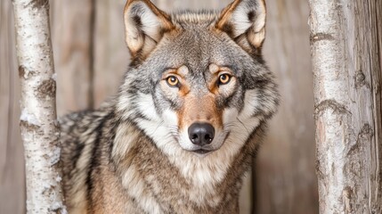 Obraz premium Majestic wolf portrait, winter enclosure, birch trees, wildlife