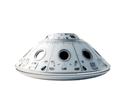 Futuristic spacecraft design with a sleek, circular shape and multiple windows. Isolated on transparent white background, png