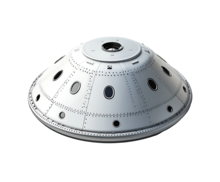 Futuristic silver spacecraft model with sleek design and multiple circular windows. Isolated on transparent white background, png