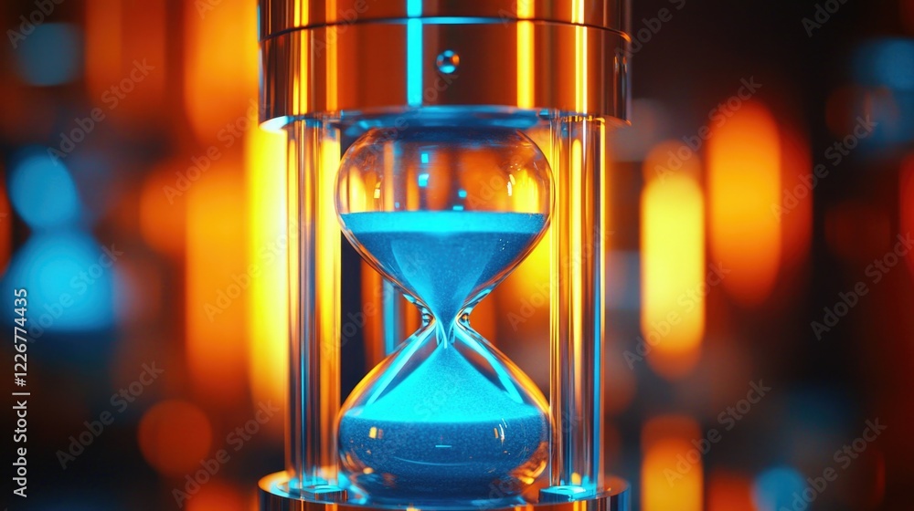 Poster a glass container with a blue sand timer inside. the sand timer is set to the number of seconds
